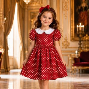 پیراهن دخترانه با یقه ب ب و آستین کوتاه مدل خالدار