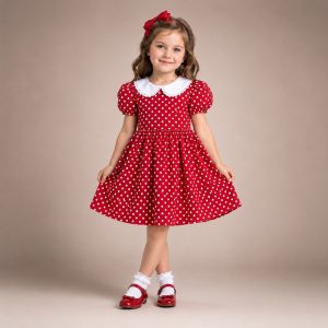 پیراهن دخترانه با یقه ب ب و آستین کوتاه مدل خالدار