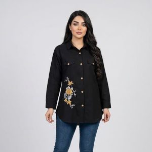 شومیز زنانه لینن آستین بلند با پنج دکمه مدل گلدوزی