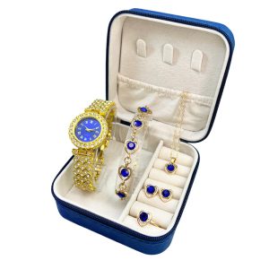 ست ساعت مچی عقربه‌ای کوارتز و ست زیورآلات زنانه مدل 439- Blu