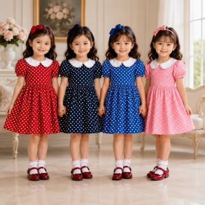 پیراهن دخترانه با یقه ب ب و آستین کوتاه مدل خالدار